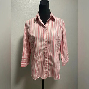 Chico's Pink Striped Button Down Quarter Sleeve Shirt Size 1